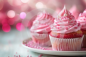Three pink cupcakes with pink frosting and pink sprinkles on top