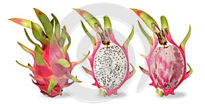 Three pink dragon fruit isolated on white background.