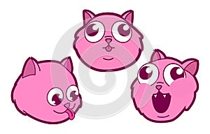 Three Pink Kitten or Cat Heads in Different Moods in a Cartoon Manga Style Set