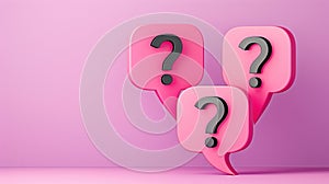 Three pink speech bubbles with question marks on a pink background