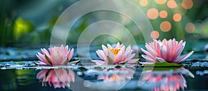 Three Pink Water Lilies Floating on Water