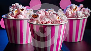 Three pink and white striped cups of popcorn on a table, AI