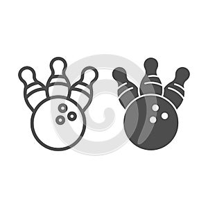 Three pins and bowling ball line and solid icon, bowling concept, Bowling game sign on white background, Skittles and