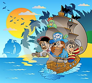 Three pirates in boat near island