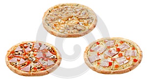 Three pizzas isolated on a white background. Italian food concept. Appetizing pizza