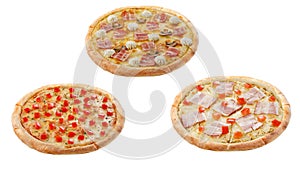 Three pizzas isolated on a white background. Italian food concept. Appetizing pizza