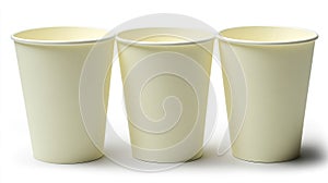 Three plain cream-colored disposable paper coffee cups