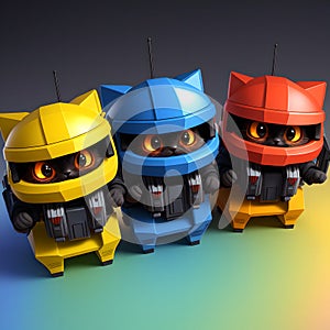 Three plastic cat playthings in cool and stylish military attire. AI generated