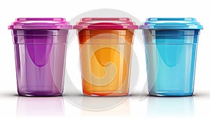 Three plastic cups with lids in different colors