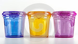 Three plastic cups with lids in different colors
