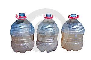 Three plastic gallons containing probiotic fermentation liquid for animal feed. white background