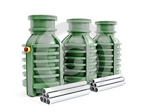 Three plastic household septic tanks on white