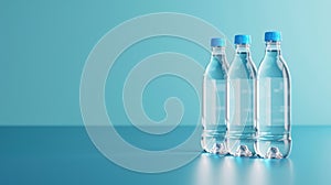 Three Plastic Water Bottles on Blue Background