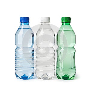 Three plastic water bottles isolated on white background