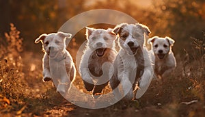 Three playful puppies running in a row through the meadow generated by AI