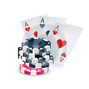 Three playing cards with poker chips isolated