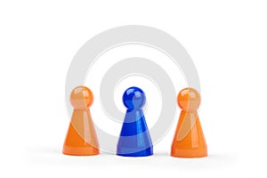 Three playing plastic figures. Two orange and one different blue, isolated on white background