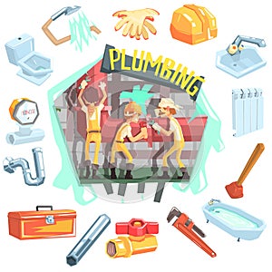 Three Plumbers At Work Surrounded By Profession Related Objects