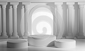 Three Podiums Bright Shining Door Classic Column Pillars Colonade 3D Rendering