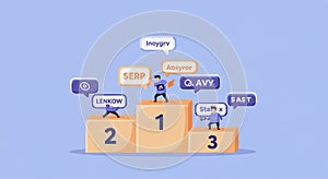 Three podiums labeled 1, 2, and 3 feature cartoon figures standing on each. The