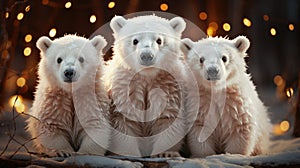 Three polar bear cubs sit on the snow at night