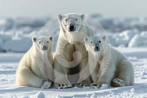 Three polar bears a family sit together in the snow showcasing the essence of a polar bear family gathering in their icy habitat