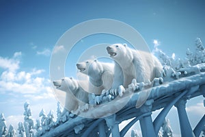 Three polar bears standing on a railway in a snowy forest. Winter attractions