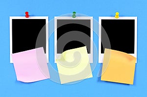 Three polaroid frame photo prints sticky notes copy space