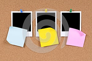 Three polaroid photo frames, office post-it style sticky notes copy space