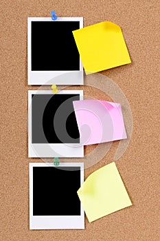 Three polaroid photo frames post it style office sticky notes copy space