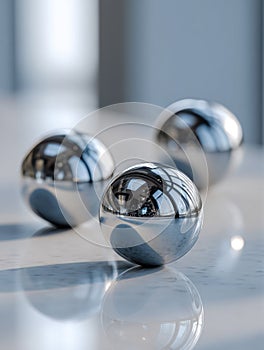 Three polished metallic spheres reflecting their surroundings placed on a smooth marble surface with soft lighting and subtle