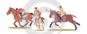 Three Polo Player Characters Engaged In Match, Focused On The Ball. Their Concentration And The Movement Of Their Horses