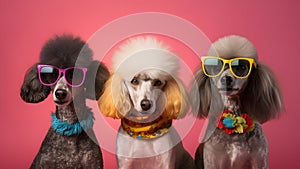 Three poodles with funky sunglasses on pink background, neural network generated image