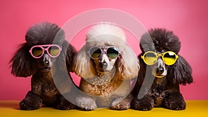 Three poodles with funky sunglasses on pink background, neural network generated image