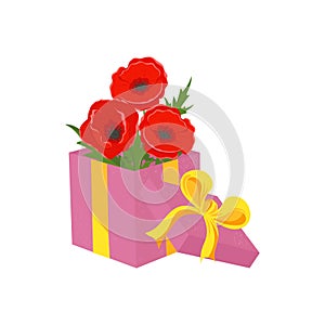 Three poppies in a gift box. A box with a ribbon and a bow.