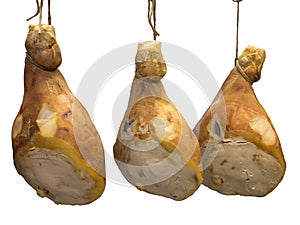 Three pork serrano ham isolated over white