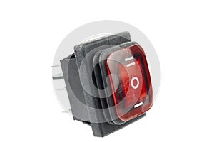 Three-position electronic switch with red backlight on a white background, isolate