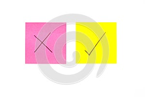 Three post its on white background with a question mark and tick