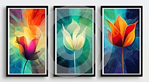 Three posters with abstract flowers on colorful background. Art painting photo