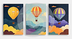 Three posters with beautiful air balloons in sky with clouds