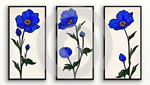 Three posters with blue flower. Art painting