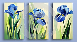 Three posters with green grass and blue flowers on a yellow background. Art painting photo