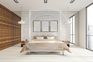 Three posters on grey wall of modern white wood bedroom