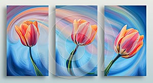 Three posters with tulips in pink and orange colors on a swirly blue background.