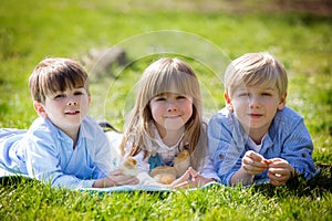 Three preschool kids, siblings, playing in the park with little