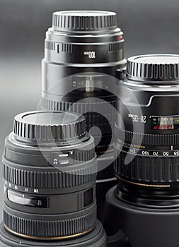 Three professional camera lenses