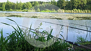 Three professional fishing rods waiting for bites on water river. Fishing rods on the lake in summer day