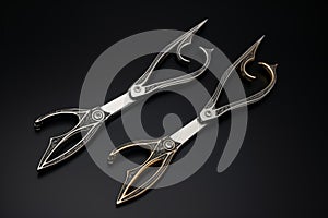Three professional metal scissors with black handle. Generate Ai