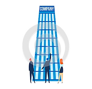 Three professionals standing in front of a tall building labeled 'COMPANY'. Business team planning strategy