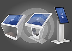Three Promotional Interactive Information Kiosk, Advertising Display, Terminal Stand, Touch Screen Display. Mock Up Template